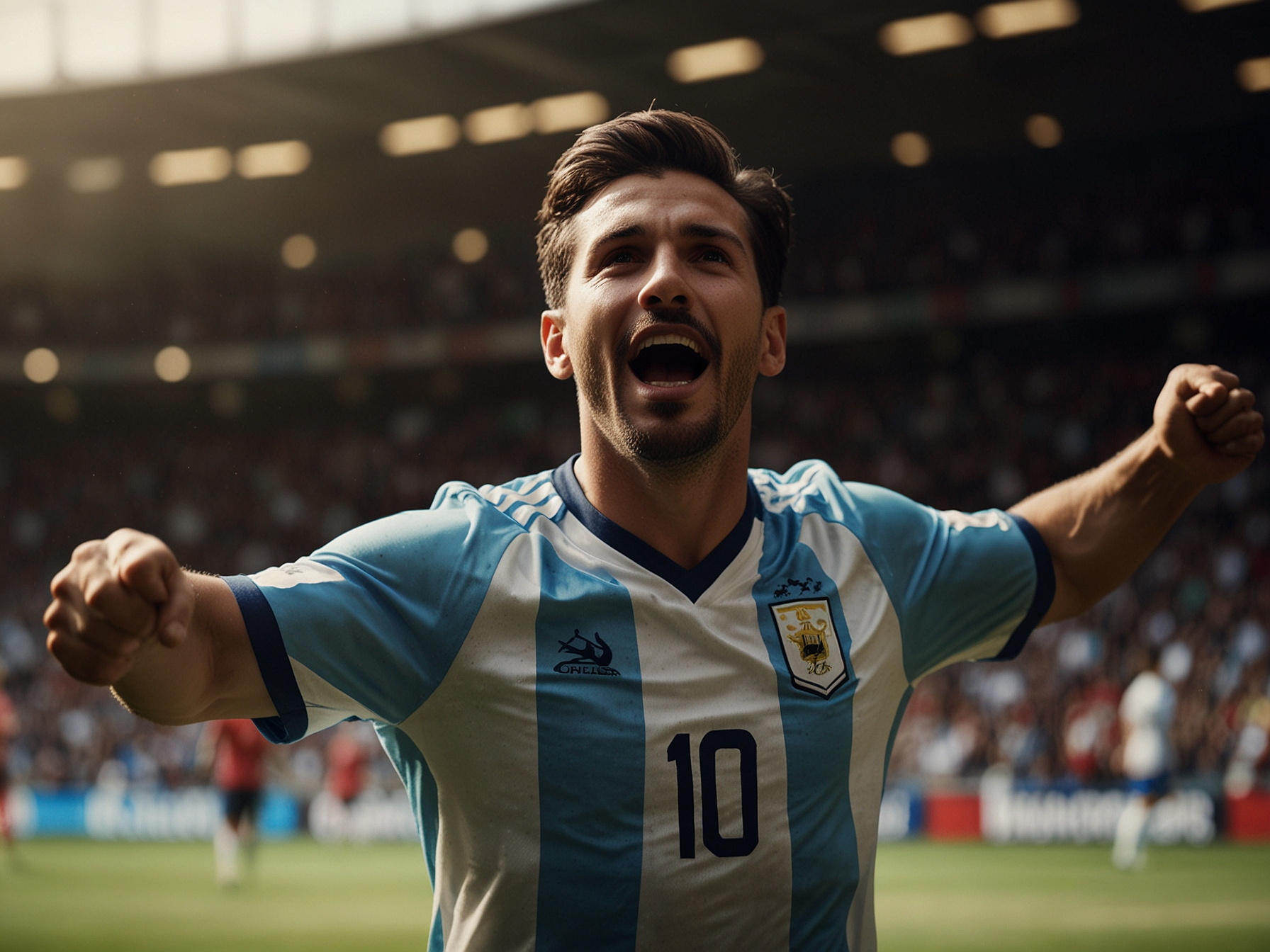 Jugador de fútbol celebrando un gol en un estadio lleno